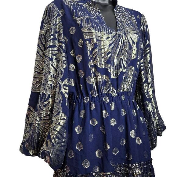 Lilly Pulitzer Joelle Silk Dress Navy Gold Metallic Clip Fit & Flare Size 2 - Picture 4 of 11